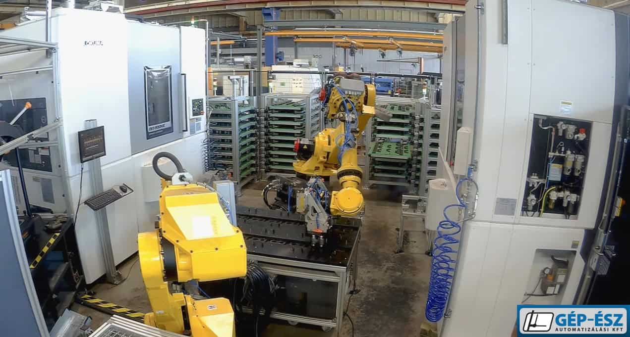 Megmunkálóközpontokat kiszolgáló komplett robotcella